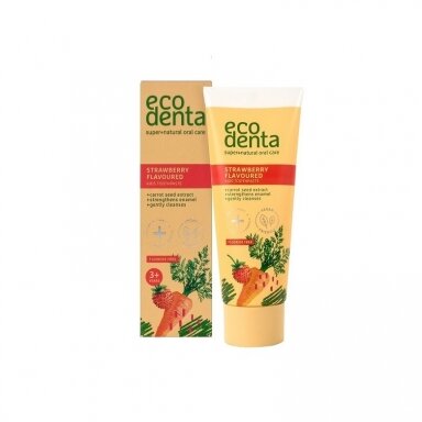 Žemuogių skonio dantų pasta vaikams su morkų ekstraktu, ECODENTA 75 ml. Žemuogių skonio dantų pasta vaikams su morkų ekstraktu, ECODENTA 75 ml.